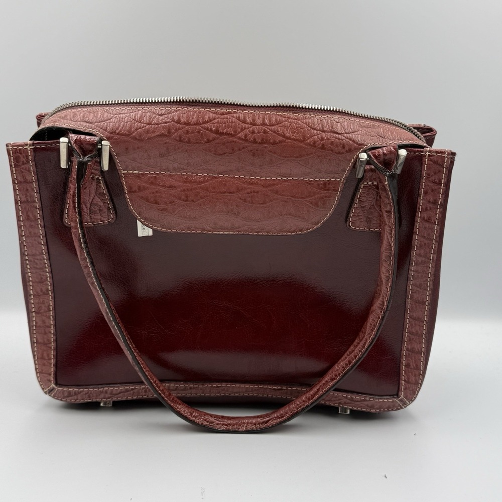 Bellerose Vintage Leather Handbag Burgundy Croc Embossed Satchel Purse
